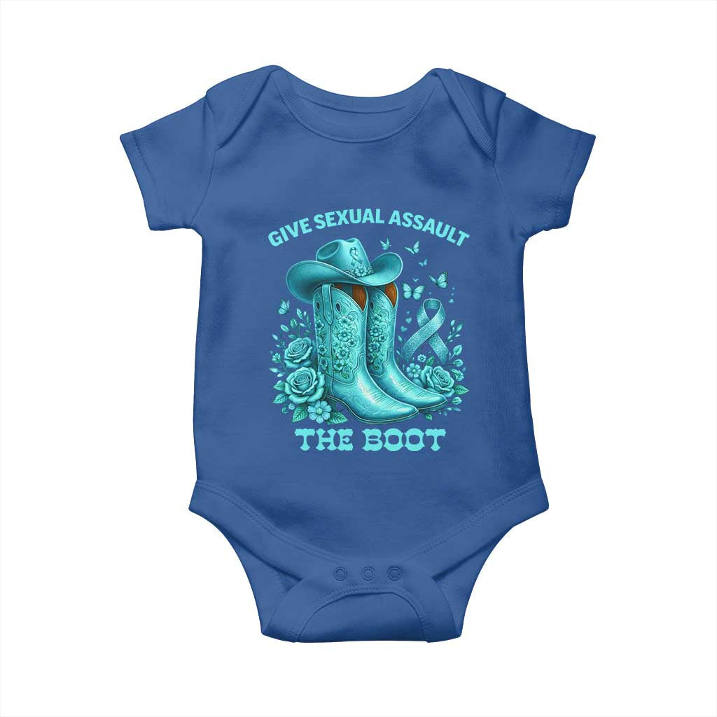 Give Sexual Assault The Boot Baby Onesie Cowgirl Awareness Month Teal Ribbon Support TS10 Royal Blue Print Your Wear