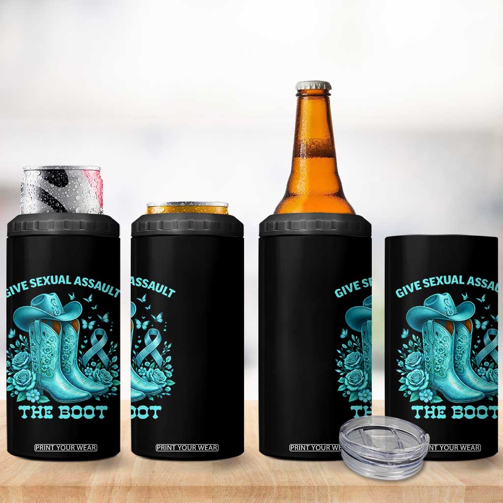Give Sexual Assault The Boot 4 in 1 Can Cooler Tumbler Cowgirl Awareness Month Teal Ribbon Support TS10 Print Your Wear