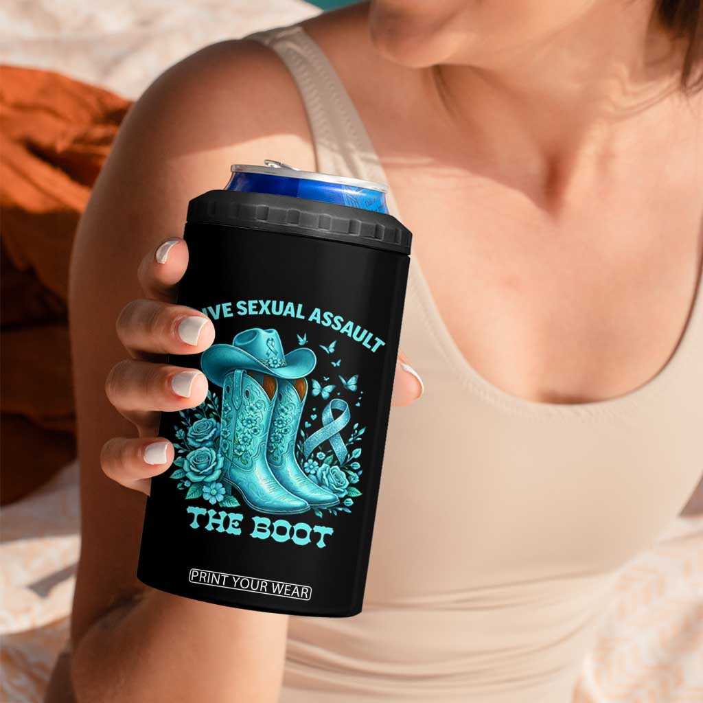 Give Sexual Assault The Boot 4 in 1 Can Cooler Tumbler Cowgirl Awareness Month Teal Ribbon Support TS10 Print Your Wear