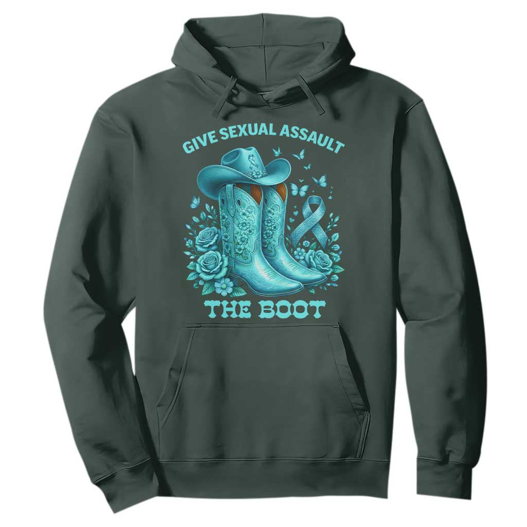 Give Sexual Assault The Boot Hoodie Cowgirl Awareness Month Teal Ribbon Support TS10 Dark Forest Green Print Your Wear
