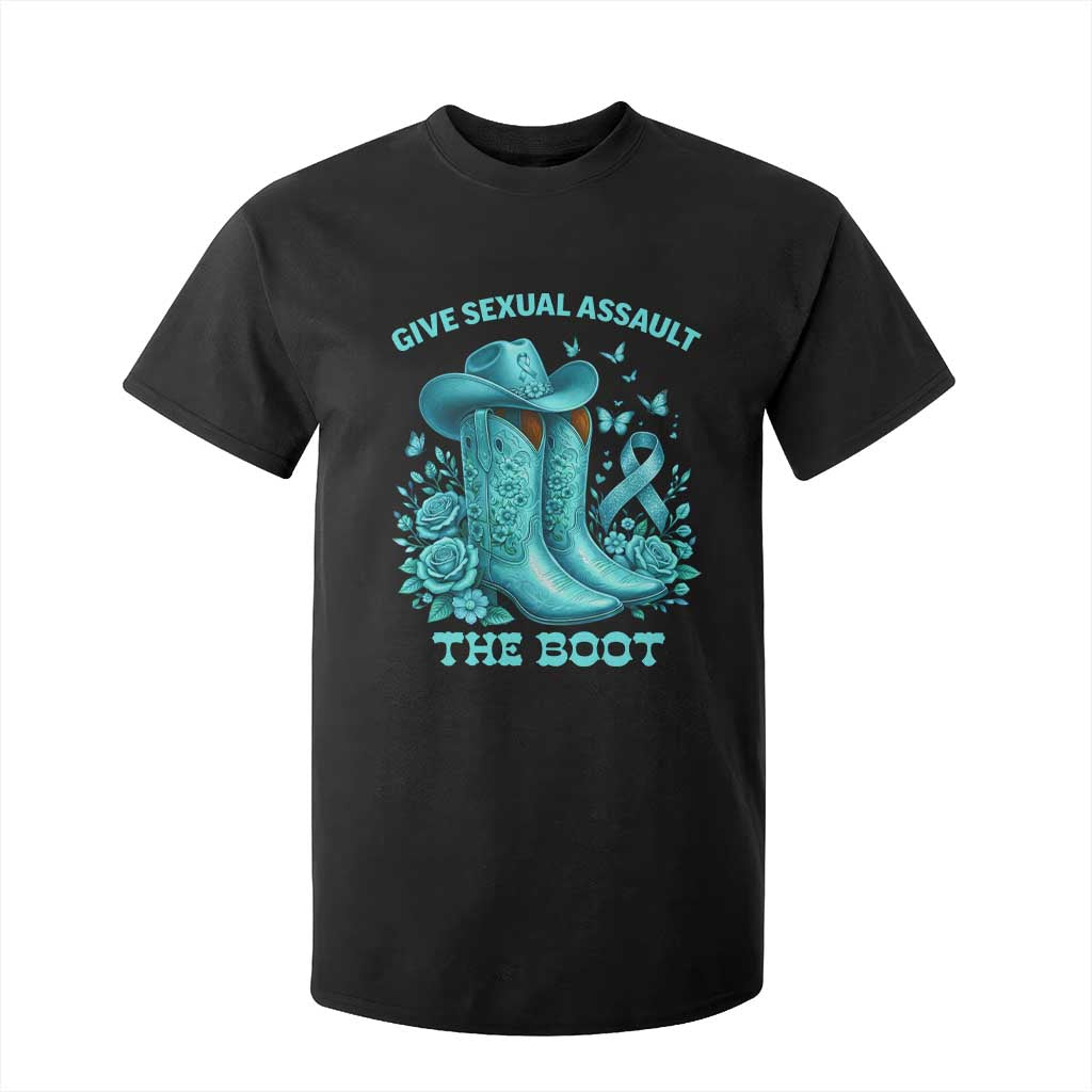 Give Sexual Assault The Boot T Shirt For Kid Cowgirl Awareness Month Teal Ribbon Support TS10 Black Print Your Wear