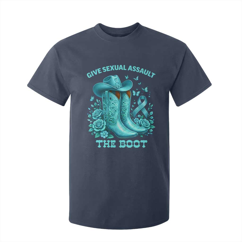 Give Sexual Assault The Boot T Shirt For Kid Cowgirl Awareness Month Teal Ribbon Support TS10 Navy Print Your Wear