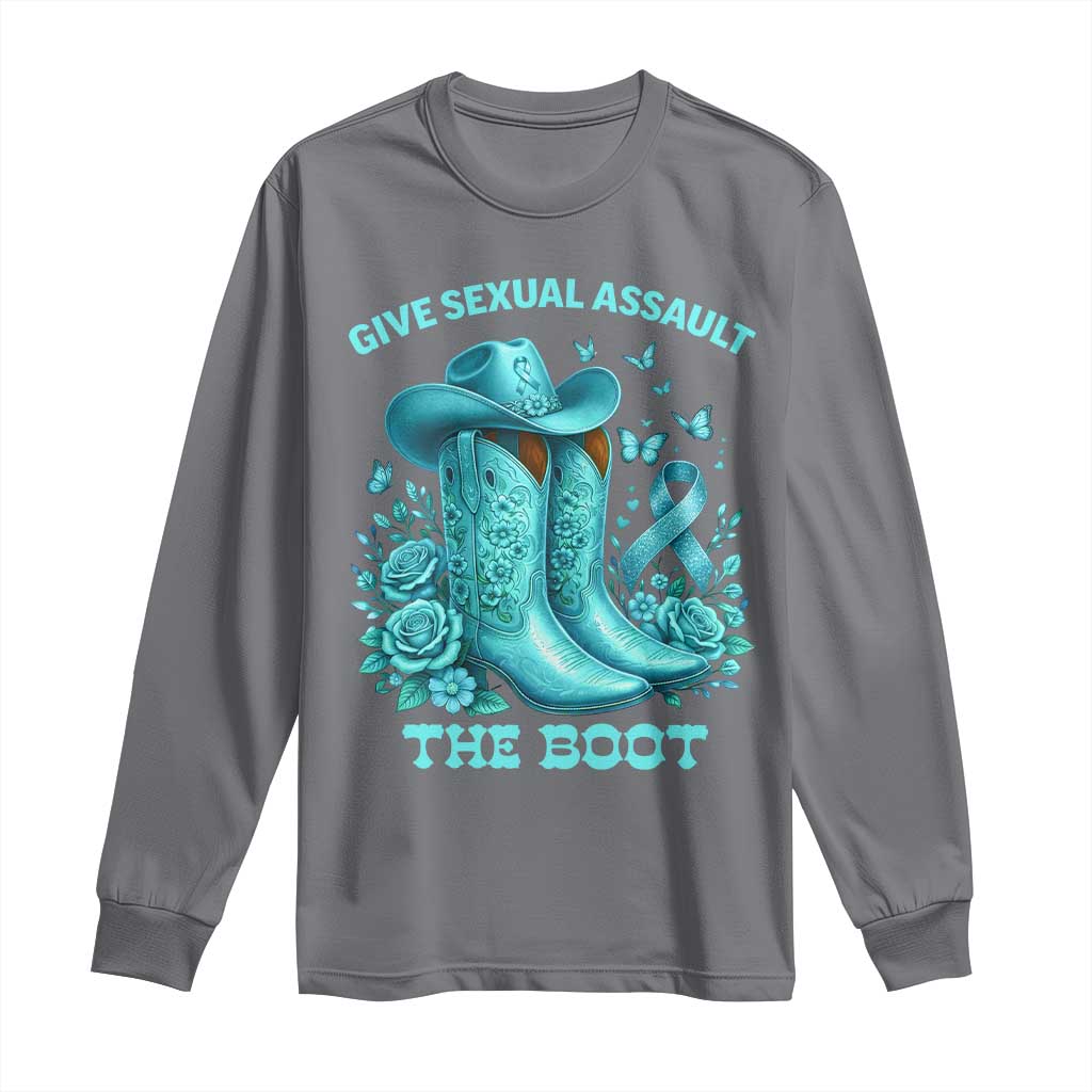 Give Sexual Assault The Boot Long Sleeve Shirt Cowgirl Awareness Month Teal Ribbon Support TS10 Charcoal Print Your Wear