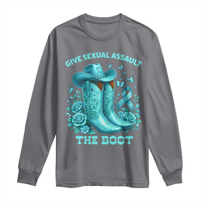 Give Sexual Assault The Boot Long Sleeve Shirt Cowgirl Awareness Month Teal Ribbon Support TS10 Charcoal Print Your Wear