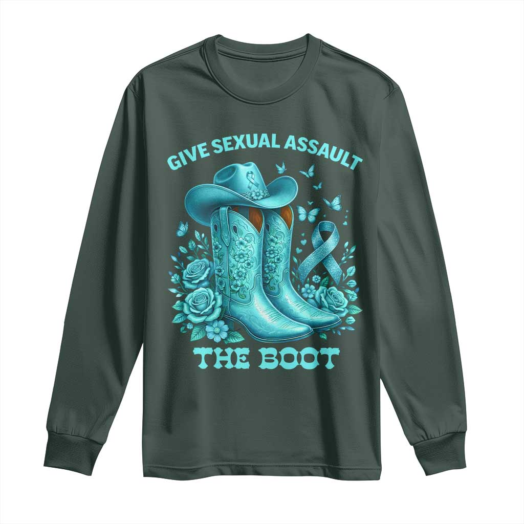 Give Sexual Assault The Boot Long Sleeve Shirt Cowgirl Awareness Month Teal Ribbon Support TS10 Dark Forest Green Print Your Wear