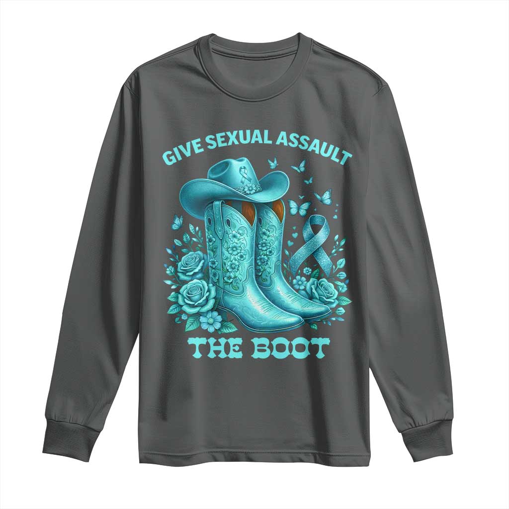 Give Sexual Assault The Boot Long Sleeve Shirt Cowgirl Awareness Month Teal Ribbon Support TS10 Dark Heather Print Your Wear