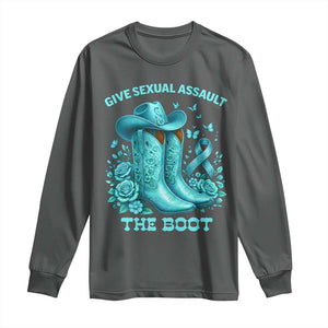 Give Sexual Assault The Boot Long Sleeve Shirt Cowgirl Awareness Month Teal Ribbon Support TS10 Dark Heather Print Your Wear