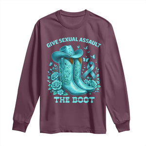 Give Sexual Assault The Boot Long Sleeve Shirt Cowgirl Awareness Month Teal Ribbon Support TS10 Maroon Print Your Wear