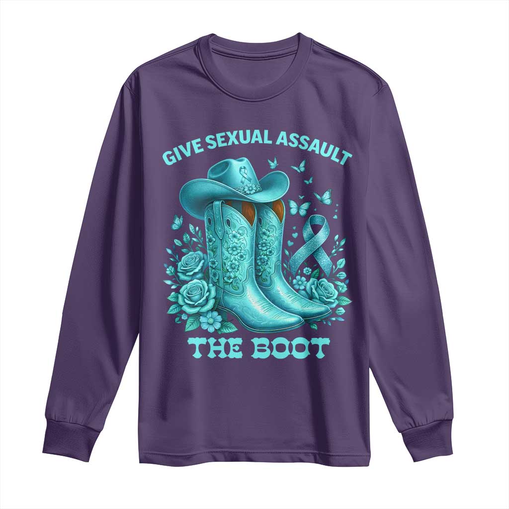 Give Sexual Assault The Boot Long Sleeve Shirt Cowgirl Awareness Month Teal Ribbon Support TS10 Purple Print Your Wear