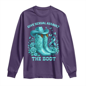 Give Sexual Assault The Boot Long Sleeve Shirt Cowgirl Awareness Month Teal Ribbon Support TS10 Purple Print Your Wear