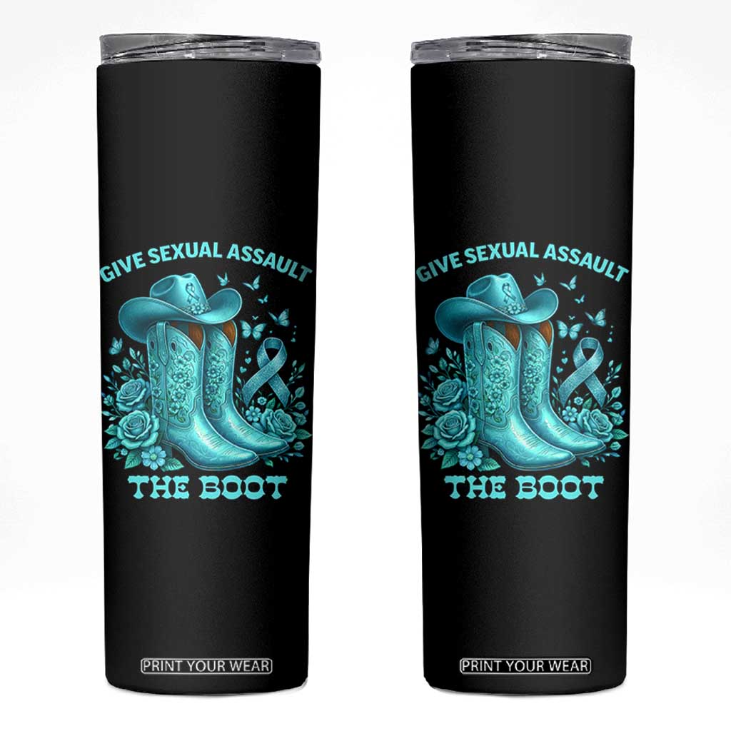 Give Sexual Assault The Boot Skinny Tumbler Cowgirl Awareness Month Teal Ribbon Support TS10 Black Print Your Wear