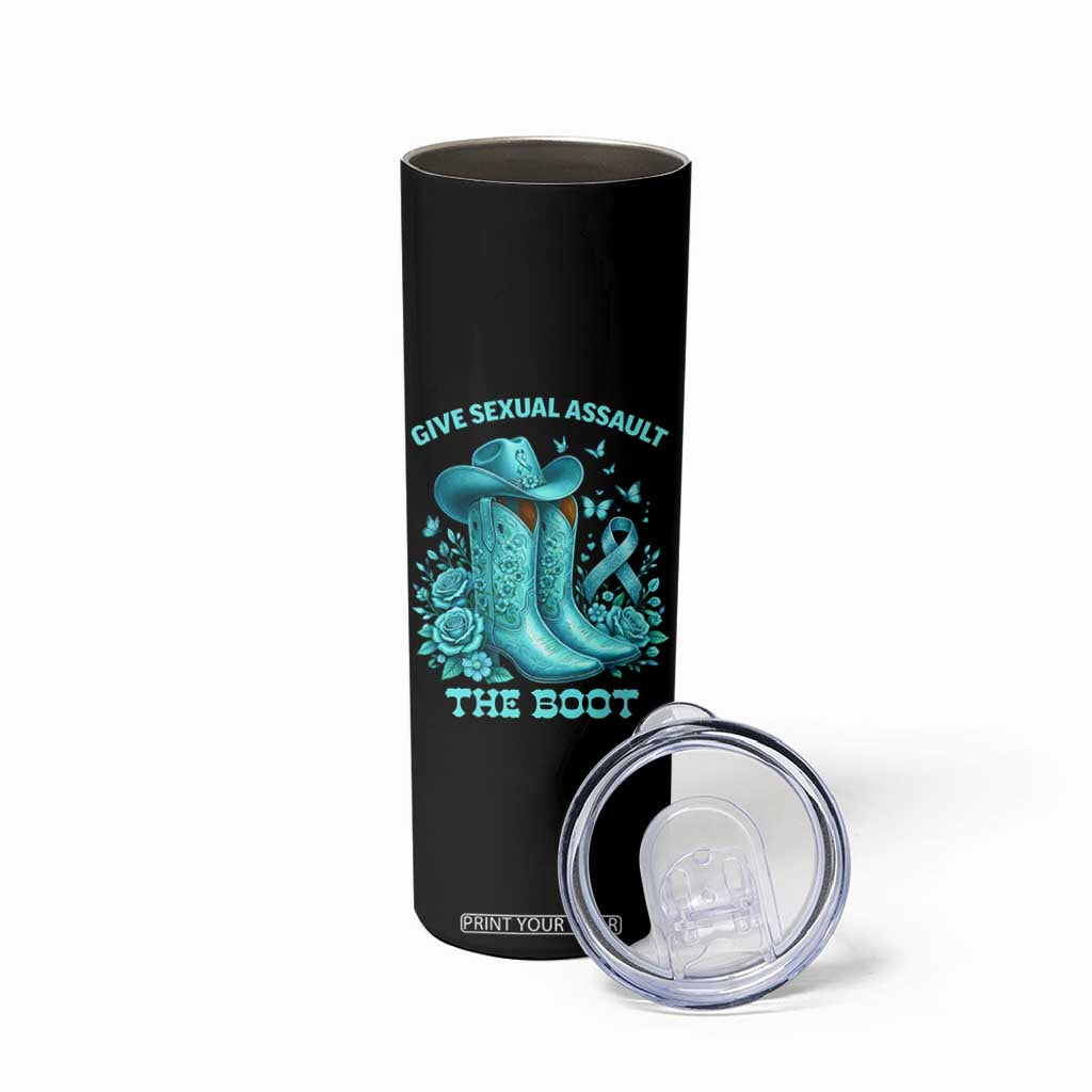 Give Sexual Assault The Boot Skinny Tumbler Cowgirl Awareness Month Teal Ribbon Support TS10 Print Your Wear