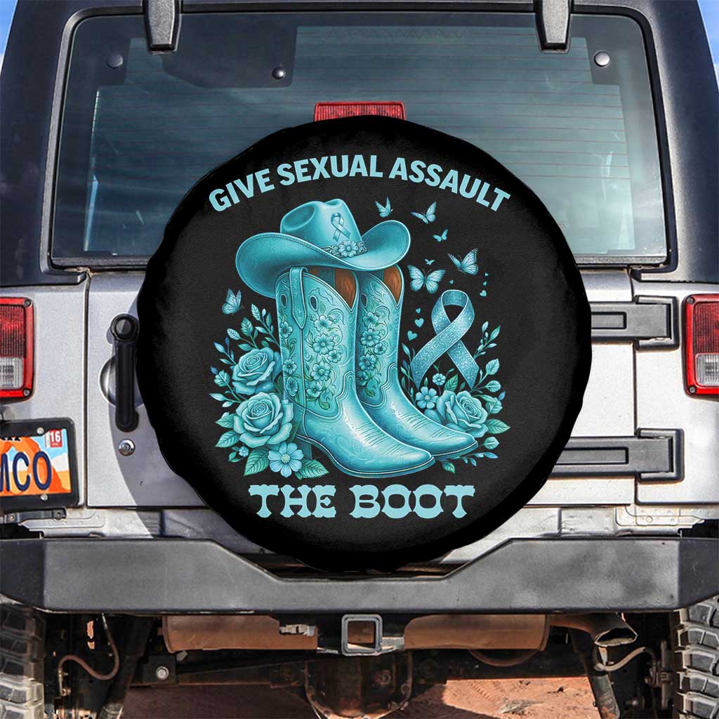 Give Sexual Assault The Boot Spare Tire Cover Cowgirl Awareness Month Teal Ribbon Support TS10 No hole Black Print Your Wear