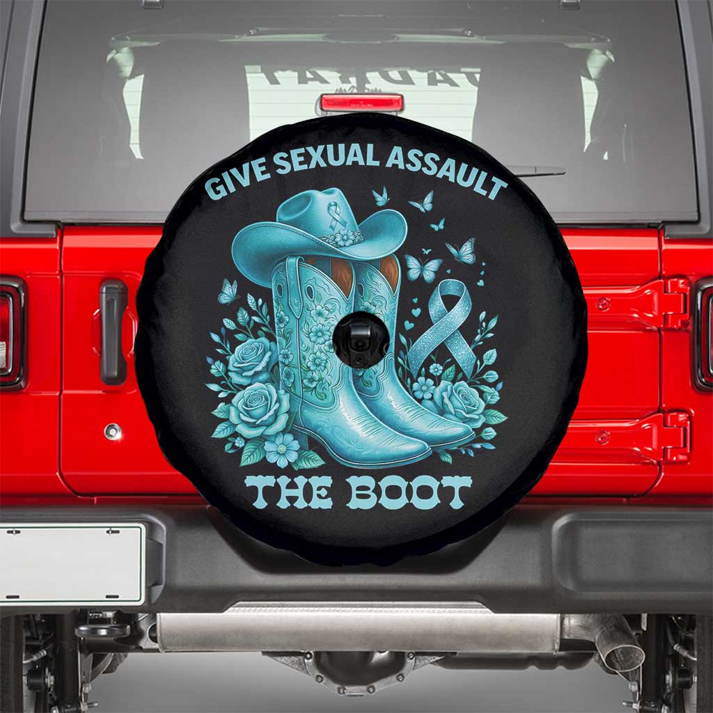 Give Sexual Assault The Boot Spare Tire Cover Cowgirl Awareness Month Teal Ribbon Support TS10 Black Print Your Wear