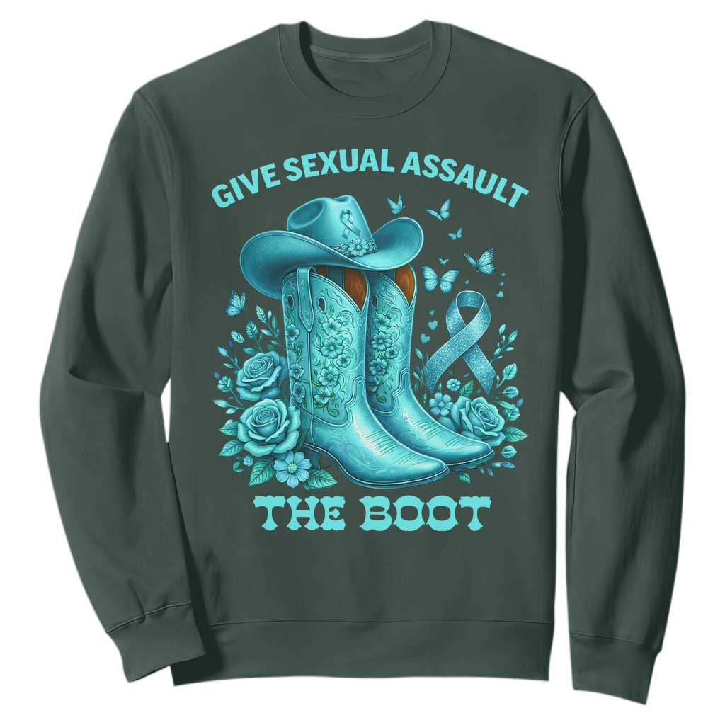 Give Sexual Assault The Boot Sweatshirt Cowgirl Awareness Month Teal Ribbon Support TS10 Dark Forest Green Print Your Wear