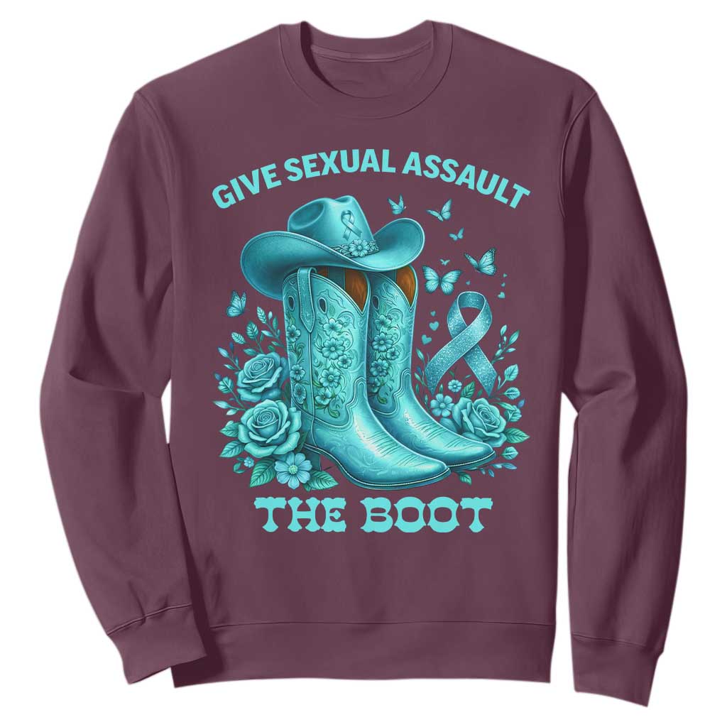 Give Sexual Assault The Boot Sweatshirt Cowgirl Awareness Month Teal Ribbon Support TS10 Maroon Print Your Wear