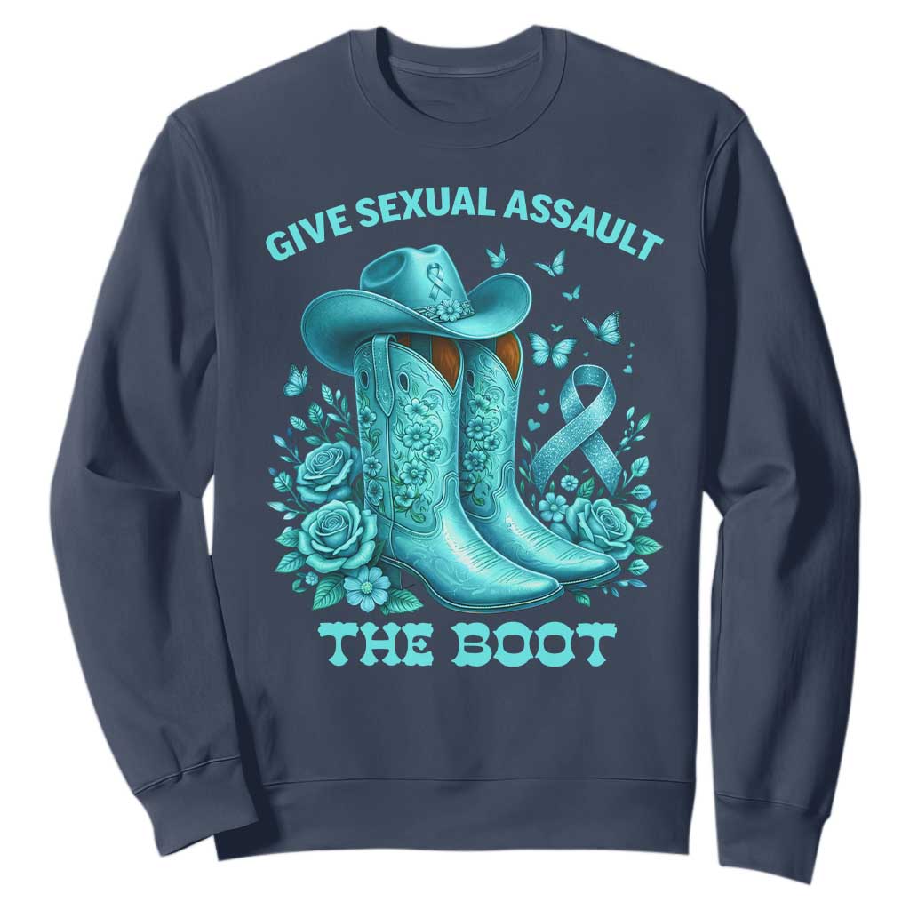 Give Sexual Assault The Boot Sweatshirt Cowgirl Awareness Month Teal Ribbon Support TS10 Navy Print Your Wear