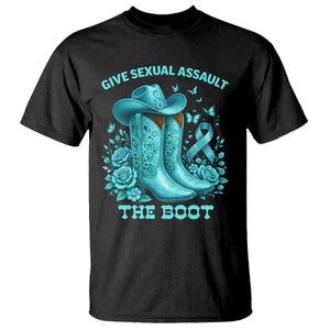 Give Sexual Assault The Boot T Shirt Cowgirl Awareness Month Teal Ribbon Support TS10 Black Print Your Wear