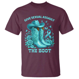 Give Sexual Assault The Boot T Shirt Cowgirl Awareness Month Teal Ribbon Support TS10 Maroon Print Your Wear