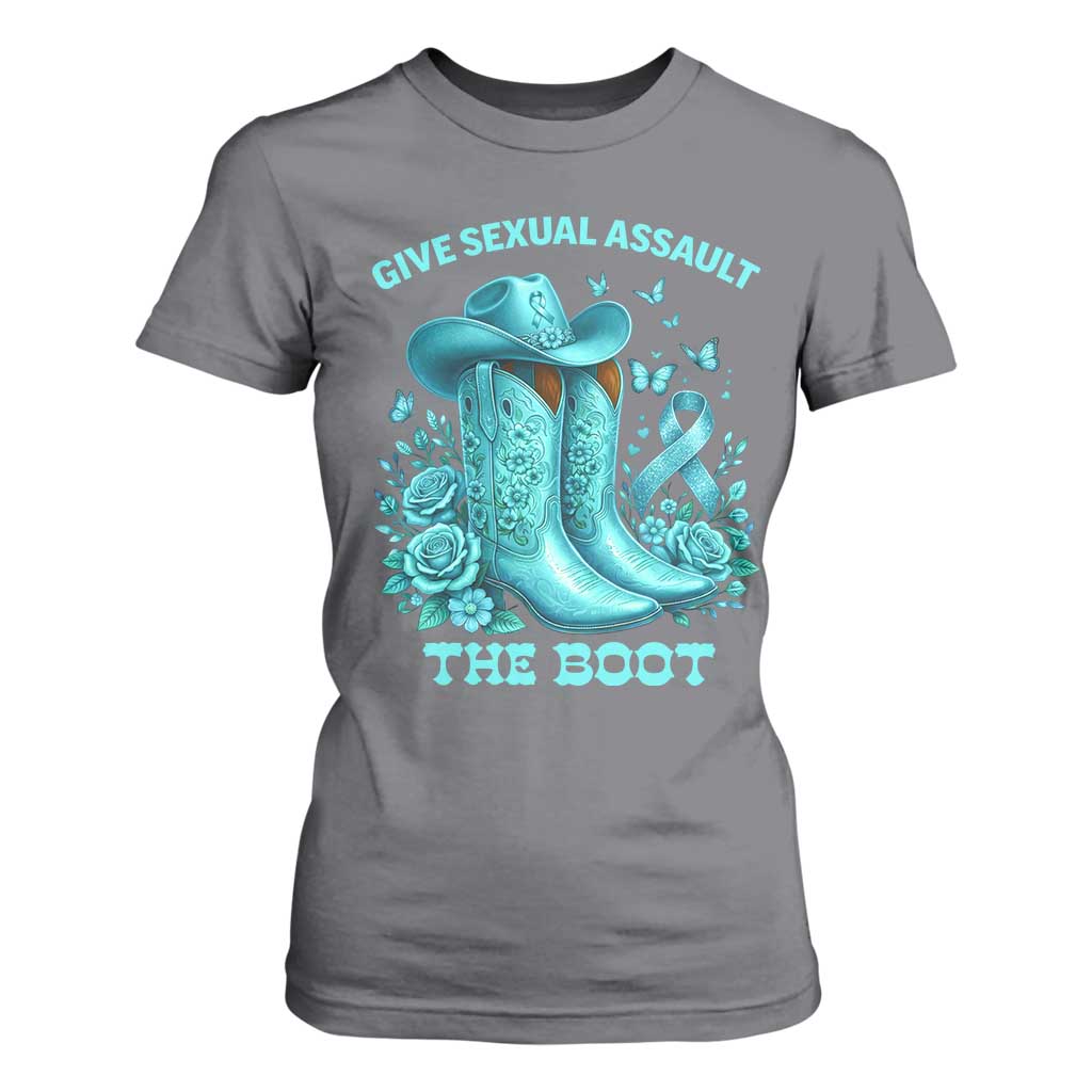 Give Sexual Assault The Boot T Shirt For Women Cowgirl Awareness Month Teal Ribbon Support TS10 Charcoal Print Your Wear