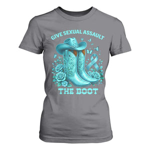 Give Sexual Assault The Boot T Shirt For Women Cowgirl Awareness Month Teal Ribbon Support TS10 Charcoal Print Your Wear
