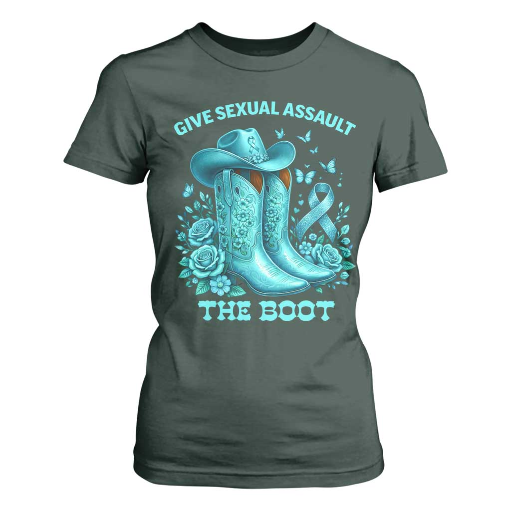 Give Sexual Assault The Boot T Shirt For Women Cowgirl Awareness Month Teal Ribbon Support TS10 Dark Forest Green Print Your Wear