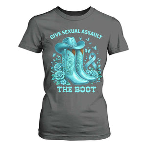Give Sexual Assault The Boot T Shirt For Women Cowgirl Awareness Month Teal Ribbon Support TS10 Dark Heather Print Your Wear