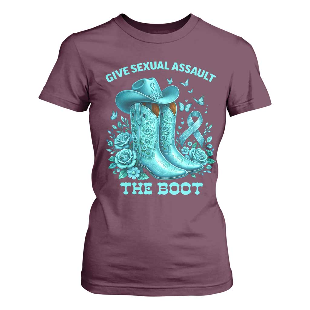 Give Sexual Assault The Boot T Shirt For Women Cowgirl Awareness Month Teal Ribbon Support TS10 Maroon Print Your Wear