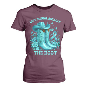 Give Sexual Assault The Boot T Shirt For Women Cowgirl Awareness Month Teal Ribbon Support TS10 Maroon Print Your Wear