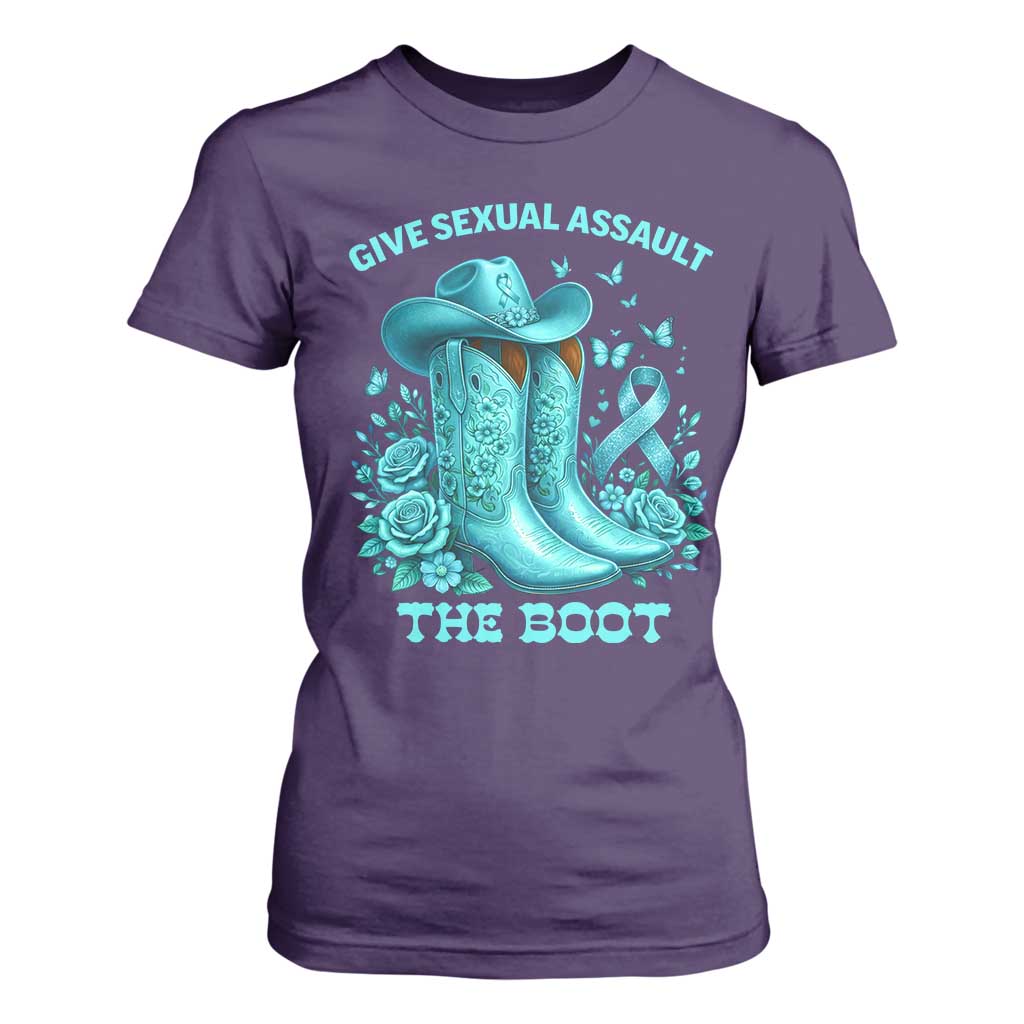 Give Sexual Assault The Boot T Shirt For Women Cowgirl Awareness Month Teal Ribbon Support TS10 Purple Print Your Wear