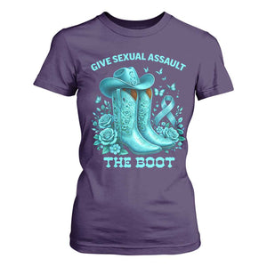 Give Sexual Assault The Boot T Shirt For Women Cowgirl Awareness Month Teal Ribbon Support TS10 Purple Print Your Wear