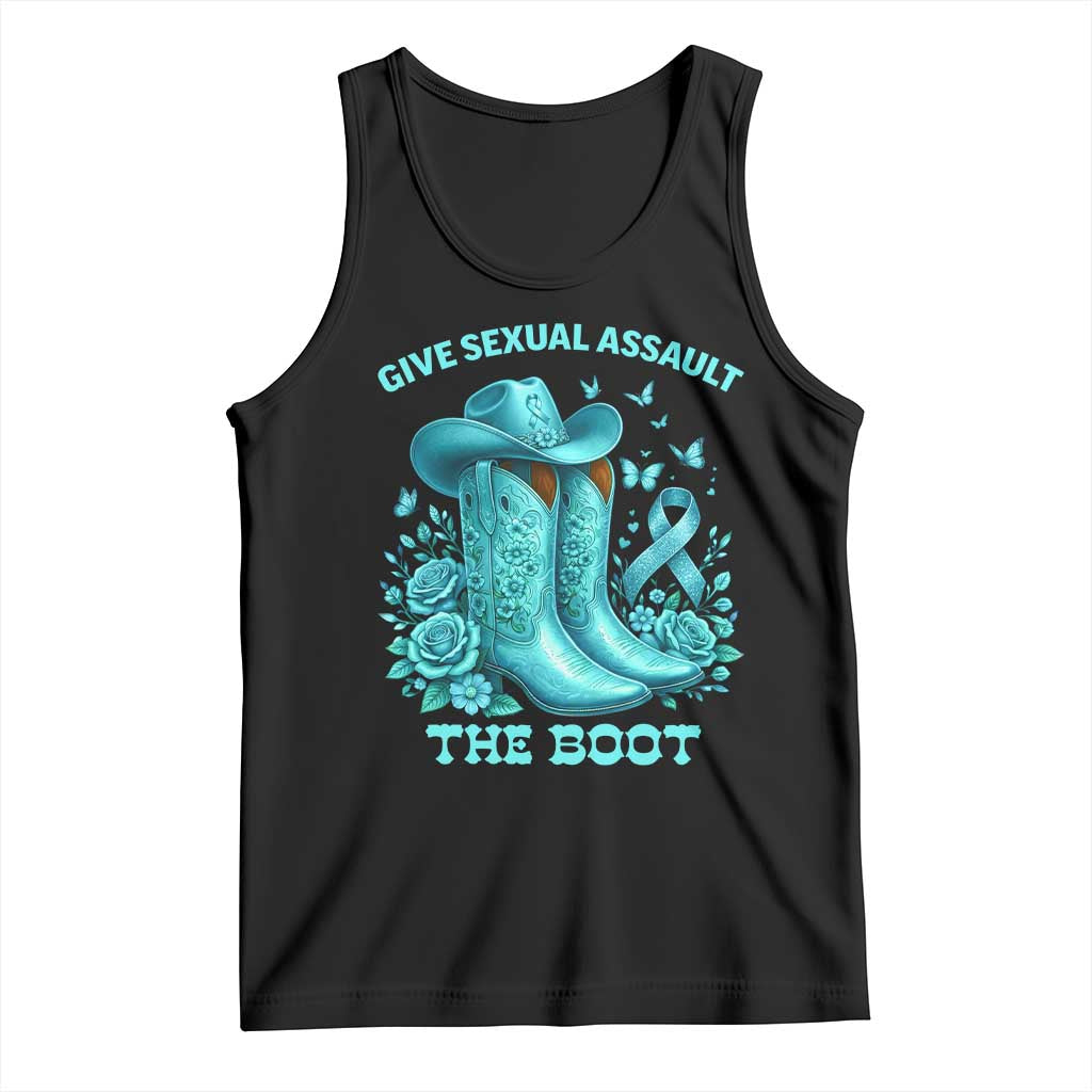 Give Sexual Assault The Boot Tank Top Cowgirl Awareness Month Teal Ribbon Support TS10 Black Print Your Wear