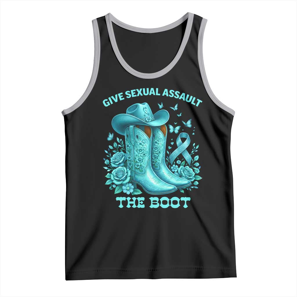 Give Sexual Assault The Boot Tank Top Cowgirl Awareness Month Teal Ribbon Support TS10 Black Athletic Heather Print Your Wear