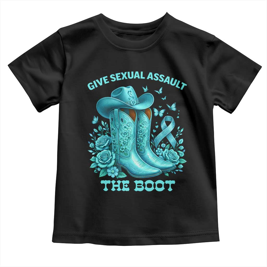 Give Sexual Assault The Boot Toddler T Shirt Cowgirl Awareness Month Teal Ribbon Support TS10 Black Print Your Wear
