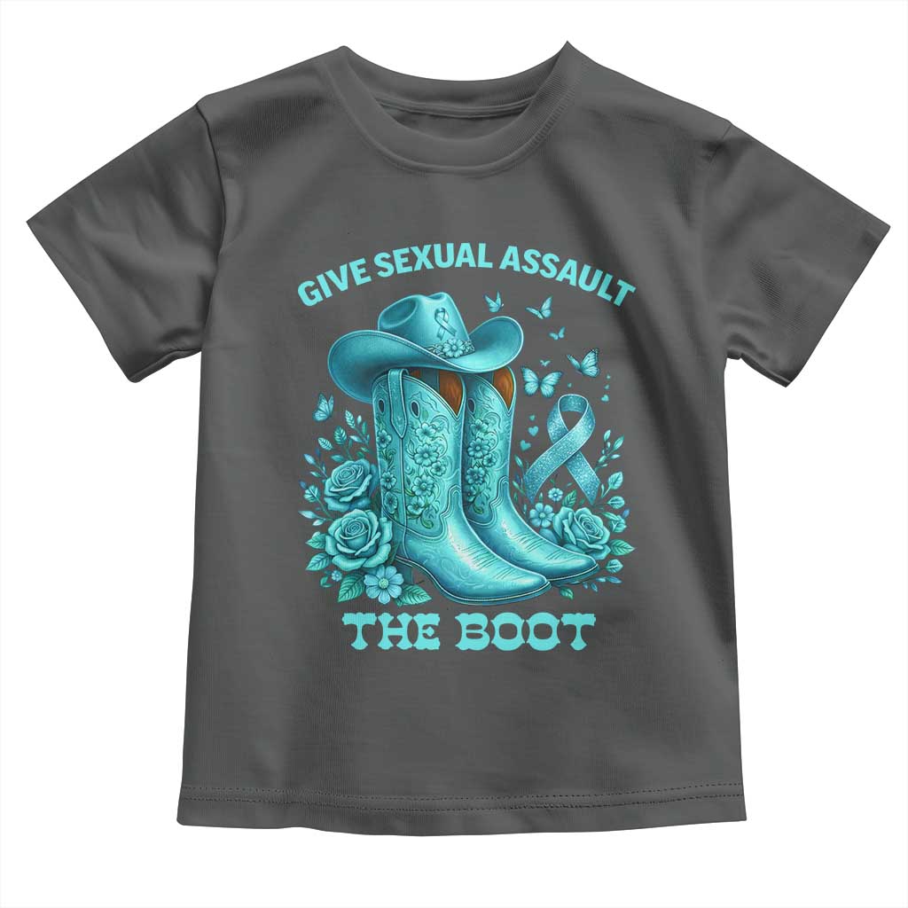Give Sexual Assault The Boot Toddler T Shirt Cowgirl Awareness Month Teal Ribbon Support TS10 Dark Heather Print Your Wear