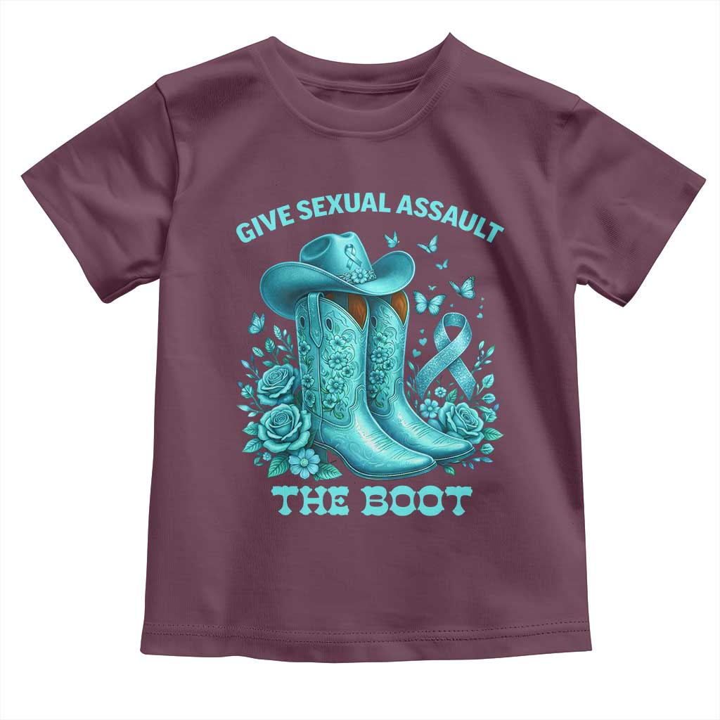 Give Sexual Assault The Boot Toddler T Shirt Cowgirl Awareness Month Teal Ribbon Support TS10 Maroon Print Your Wear