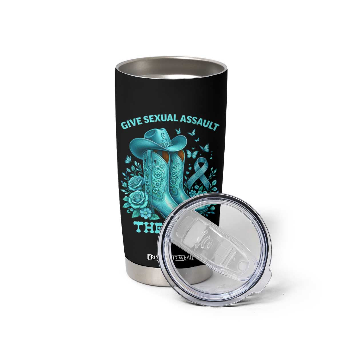 Give Sexual Assault The Boot Tumbler Cup Cowgirl Awareness Month Teal Ribbon Support TS10 Print Your Wear