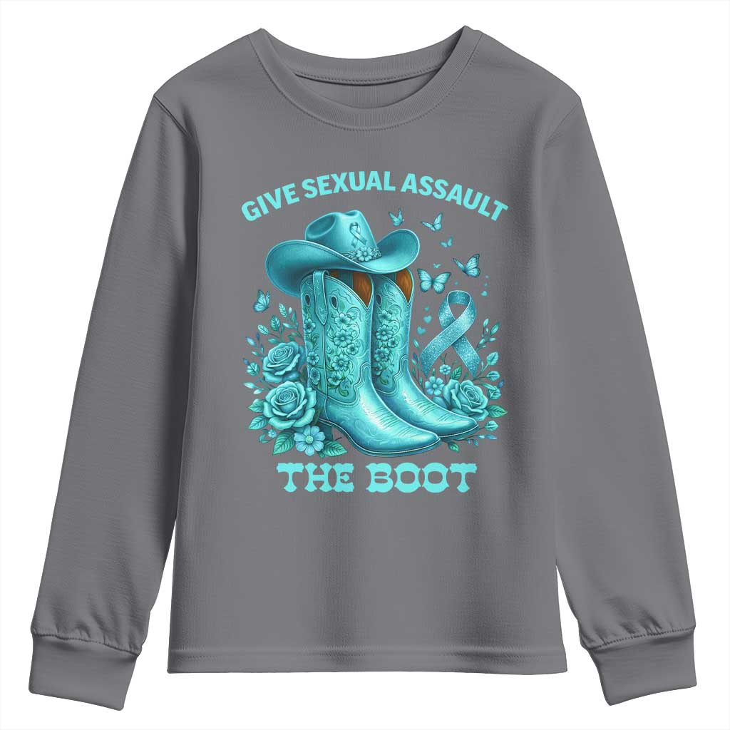 Give Sexual Assault The Boot Youth Sweatshirt Cowgirl Awareness Month Teal Ribbon Support TS10 Charcoal Print Your Wear