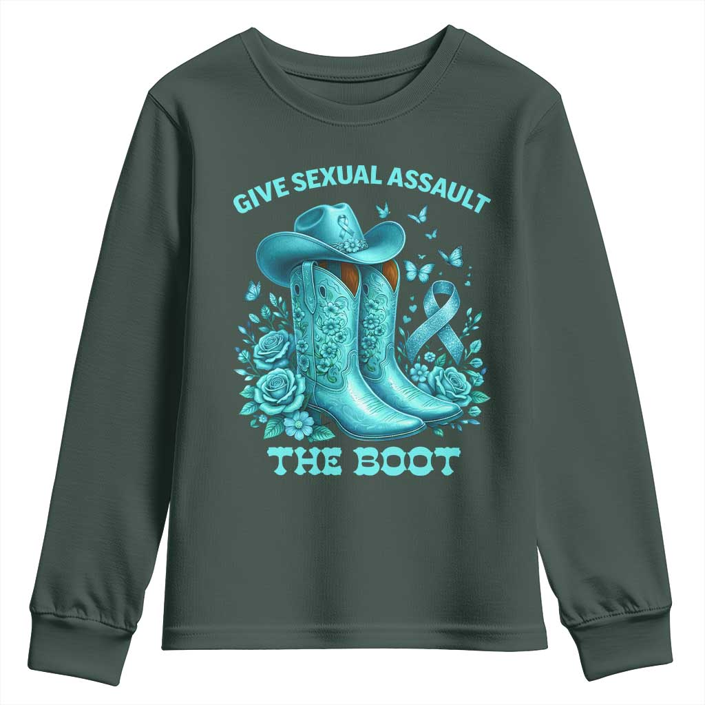 Give Sexual Assault The Boot Youth Sweatshirt Cowgirl Awareness Month Teal Ribbon Support TS10 Dark Forest Green Print Your Wear