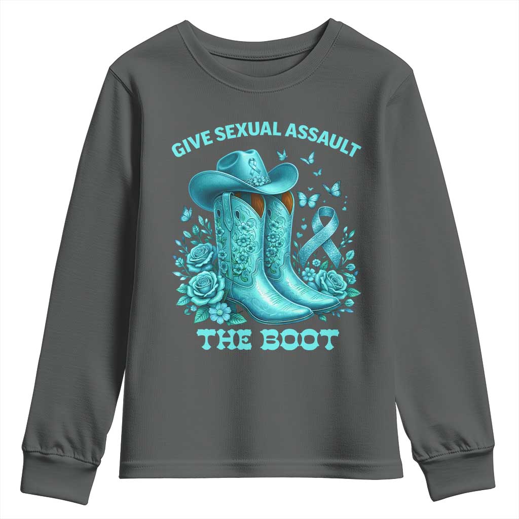 Give Sexual Assault The Boot Youth Sweatshirt Cowgirl Awareness Month Teal Ribbon Support TS10 Dark Heather Print Your Wear