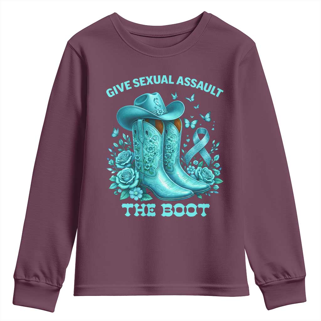 Give Sexual Assault The Boot Youth Sweatshirt Cowgirl Awareness Month Teal Ribbon Support TS10 Maroon Print Your Wear