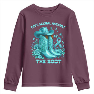Give Sexual Assault The Boot Youth Sweatshirt Cowgirl Awareness Month Teal Ribbon Support TS10 Maroon Print Your Wear