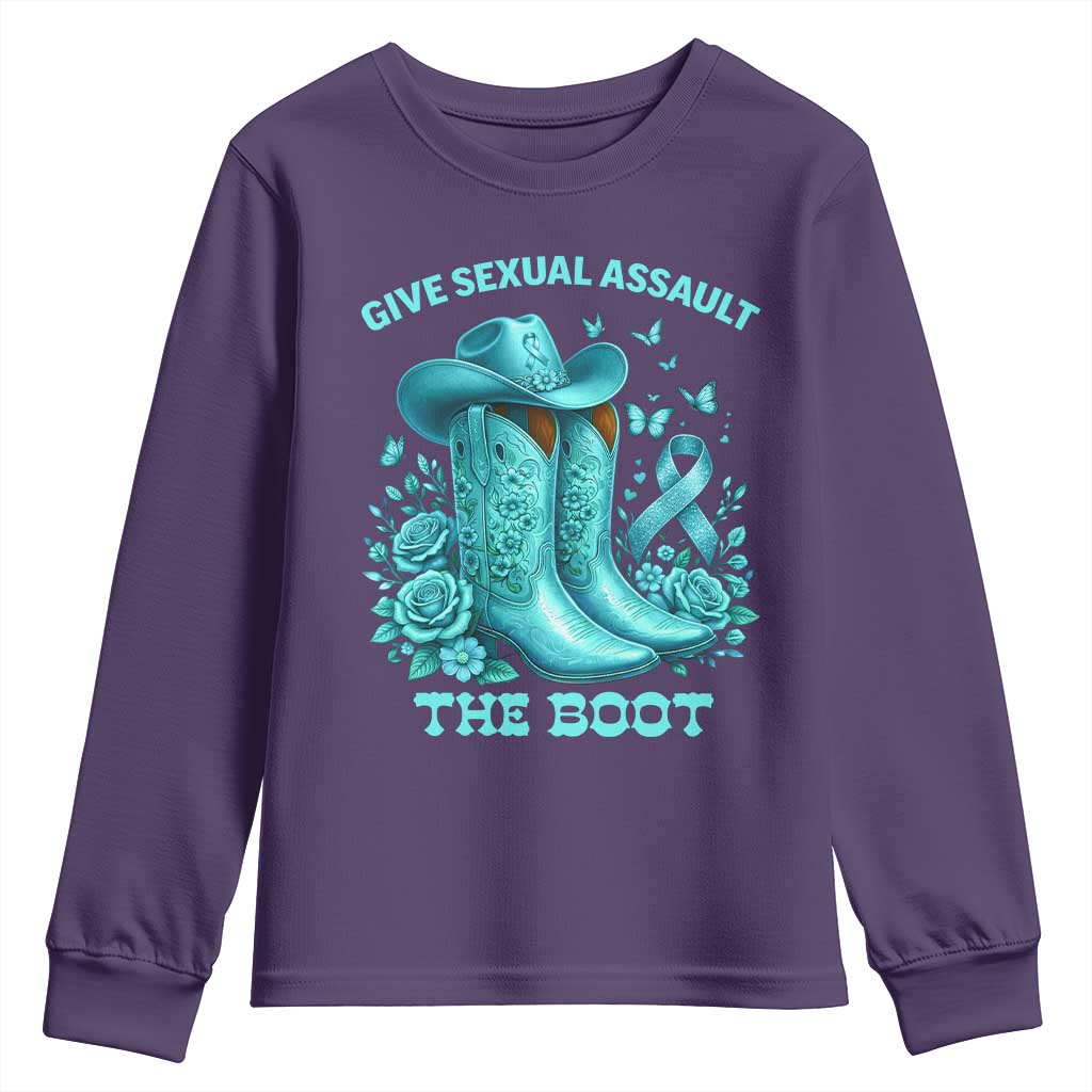 Give Sexual Assault The Boot Youth Sweatshirt Cowgirl Awareness Month Teal Ribbon Support TS10 Purple Print Your Wear