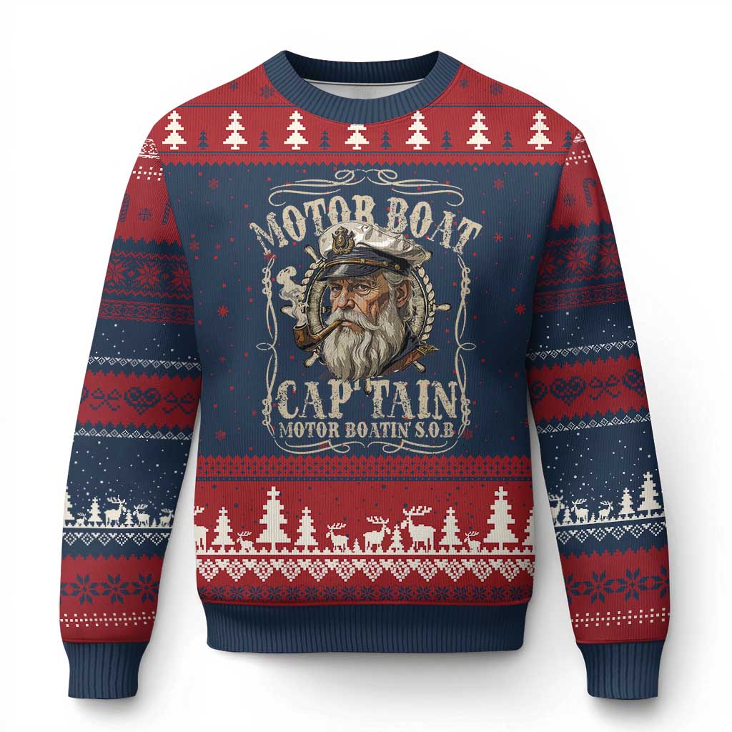 Motor Boat Captain Ugly Christmas Sweater Funny Pontoon Boating Motor Boatin Lake TS10 Navy Red Print Your Wear