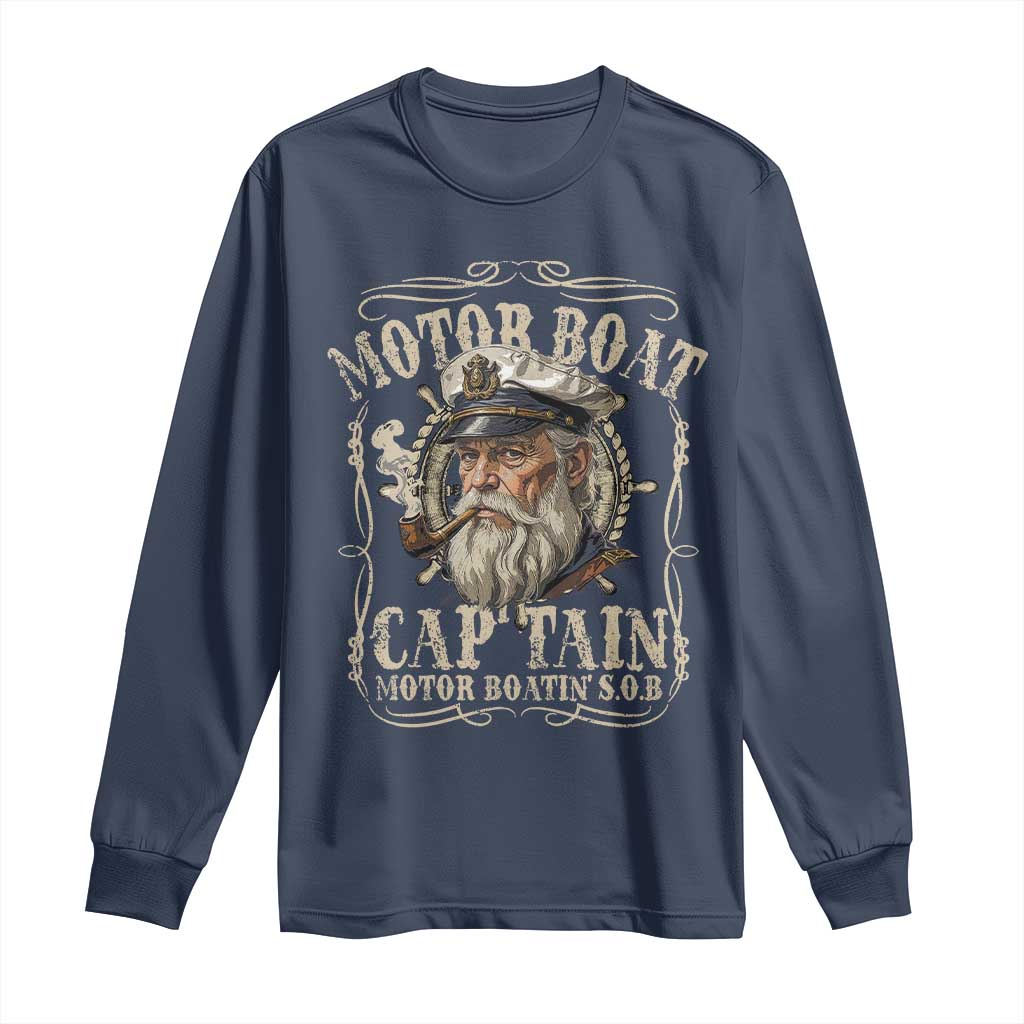 Motor Boat Captain Long Sleeve Shirt Funny Pontoon Boating Motor Boatin Lake TS10 Navy Print Your Wear
