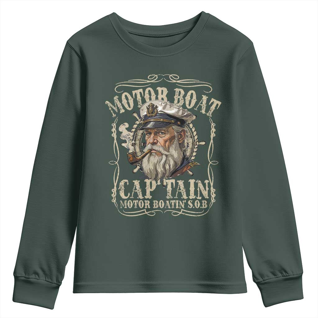 Motor Boat Captain Youth Sweatshirt Funny Pontoon Boating Motor Boatin Lake TS10 Dark Forest Green Print Your Wear