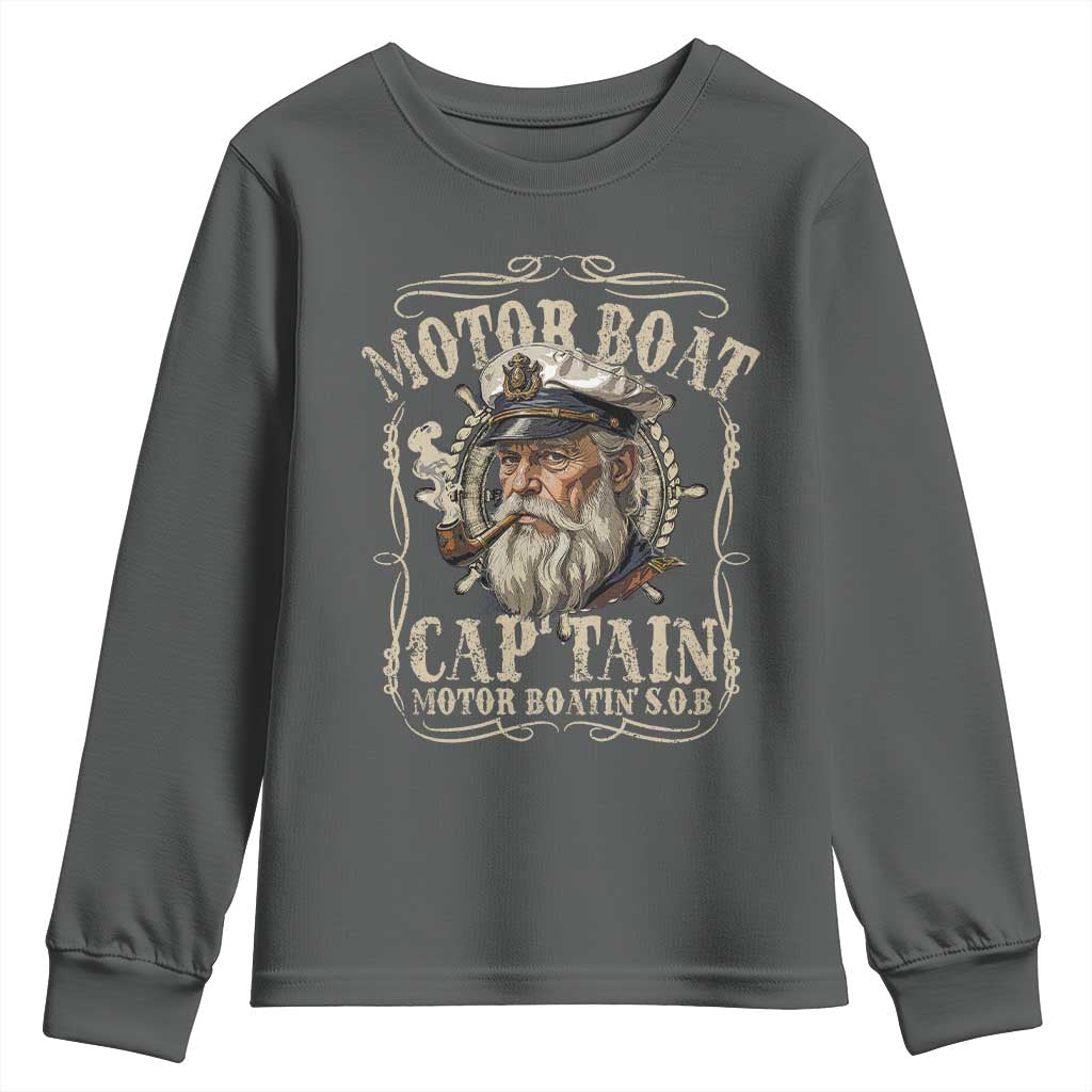 Motor Boat Captain Youth Sweatshirt Funny Pontoon Boating Motor Boatin Lake TS10 Dark Heather Print Your Wear