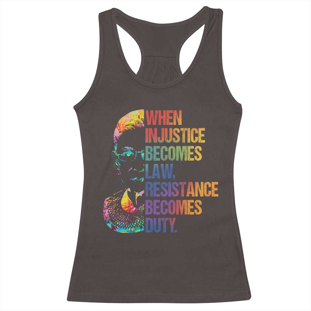 Notorious RBG Racerback Tank Top When Injustice Becomes Law Resistance Becomes Duty TS10 Dark Chocolate Print Your Wear