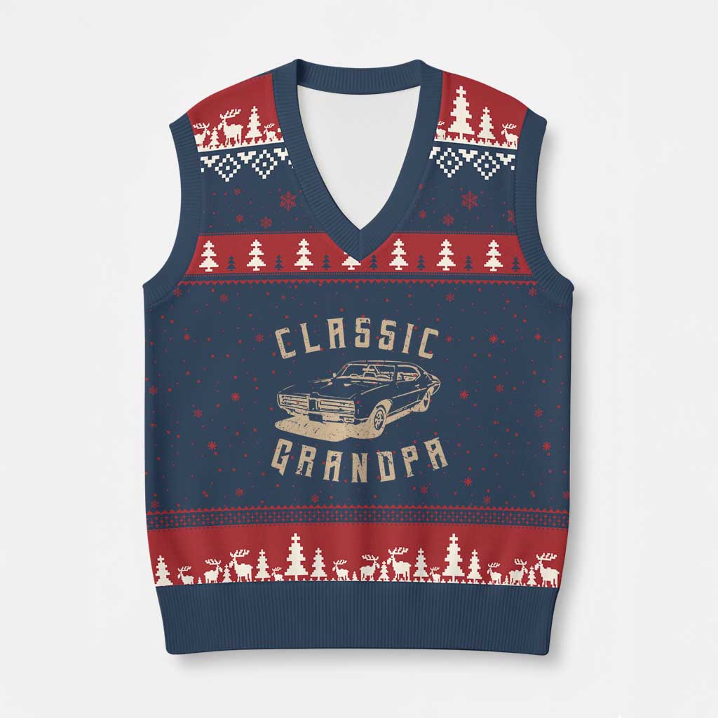 Funny Grandpa Classic Car Graphic V-Neck Knit Sweater Vest TS10 Navy Red Print Your Wear
