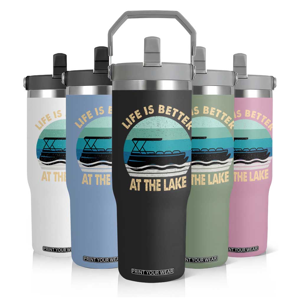 Funny Lake Life Flip Straw Tumbler Vintage Life is Better at The Lake Pontoon Boat TS10 Print Your Wear